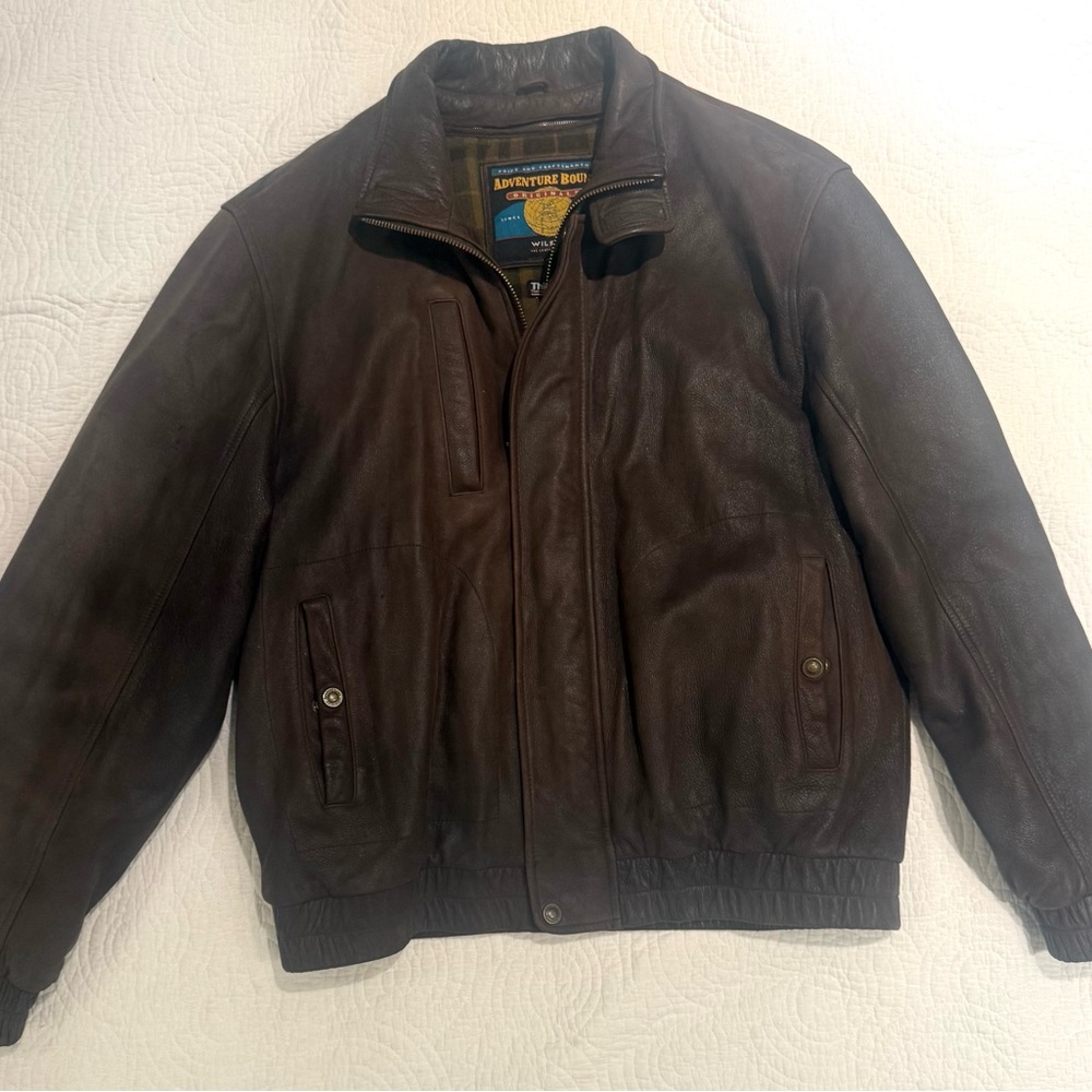 Wilson Adventure Bound Brown Leather Bomber Jacket with Plaid Removable Lining
